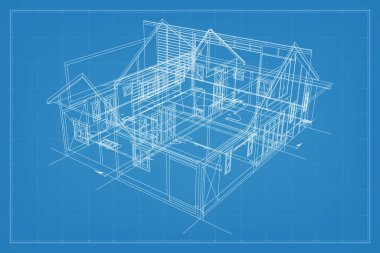 Kablo yapısının 3 boyutlu görüntüsü. Evin dış yüzeyinin perspektif kablosu. Soyut yapı grafik fikri. Vektör illüstrasyonu.