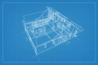 Kablo yapısının 3 boyutlu görüntüsü. Evin dış yüzeyinin perspektif kablosu. Soyut yapı grafik fikri. Vektör illüstrasyonu.