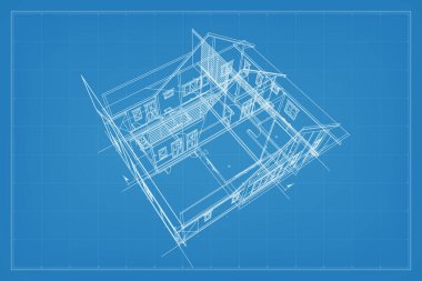 Kablo yapısının 3 boyutlu görüntüsü. Evin dış yüzeyinin perspektif kablosu. Soyut yapı grafik fikri. Vektör.