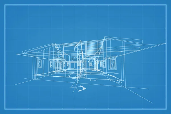 建筑线框结构的三维渲染 房屋外部的透视线框 抽象的建筑图解思想 — 图库矢量图片