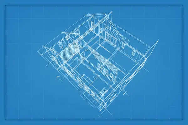 Rendering Von Gebäude Drahtstruktur Perspektivisches Drahtgestell Der Hausaußenseite Abstrakte Konstruktion — Stockvektor