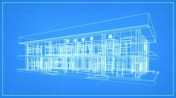Perspektif Render Arsitektur Wireframe Konstruksi Bingkai Rambut Bangunan Ilustrasi Vektor - Stok Vektor