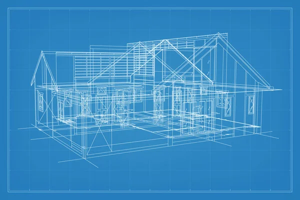 Render Bangunan Wireframe Struktur Perspektif Wireframe Eksterior Rumah Ide Grafis - Stok Vektor