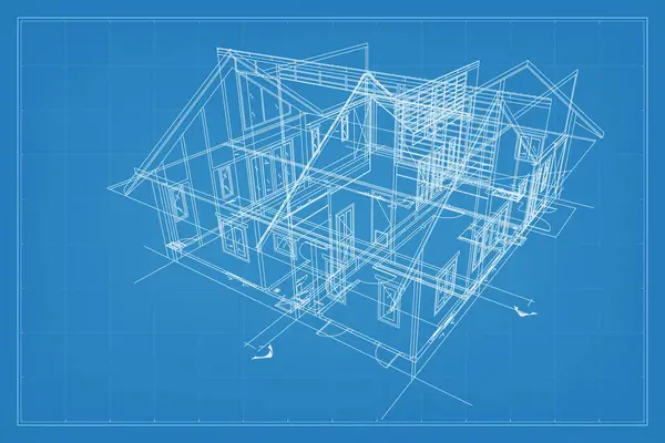 Render Bangunan Wireframe Struktur Perspektif Wireframe Eksterior Rumah Ide Grafis - Stok Vektor