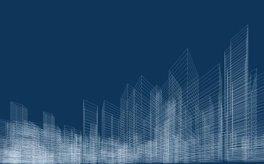 İnşaatın üç boyutlu kablo perspektifi. Şablon tasarımı için soyut kablo şeması şehir arka planı. Vektör.