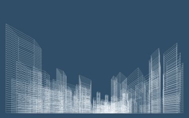 İnşaatın üç boyutlu kablo perspektifi. Şablon tasarımı için soyut kablo şeması şehir arka planı. Vektör.