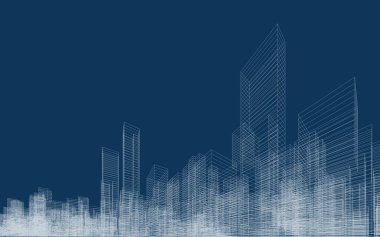 İnşaatın üç boyutlu kablo perspektifi. Şablon tasarımı için soyut kablo şeması şehir arka planı. Vektör.