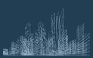 İnşaatın üç boyutlu kablo perspektifi. Şablon tasarımı için soyut kablo şeması şehir arka planı. Vektör.