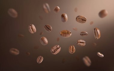 Kavrulmuş kahve çekirdekleri koyu arkaplanla havaya kalkıyor. Kahve çekirdekleri uçuyor ve arka plan olarak kullanılıyor. Kapat..