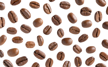 Kavrulmuş kahve çekirdeği. Kesme yolları olan beyaz bir arka planda kahve çekirdekleri. Kapat..