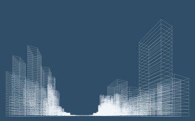 İnşaatın üç boyutlu kablo perspektifi. Şablon tasarımı için soyut kablo şeması şehir arka planı. Vektör.