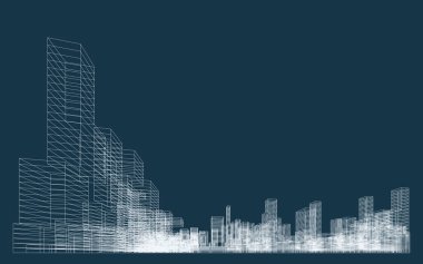 İnşaatın üç boyutlu kablo perspektifi. Şablon tasarımı için soyut kablo şeması şehir arka planı. Vektör.