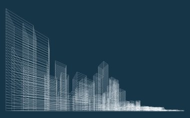 İnşaatın üç boyutlu kablo perspektifi. Şablon tasarımı için soyut kablo şeması şehir arka planı. Vektör.