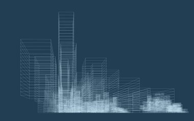 İnşaatın üç boyutlu kablo perspektifi. Şablon tasarımı için soyut kablo şeması şehir arka planı. Vektör.