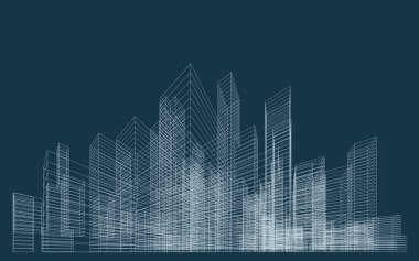 İnşaatın üç boyutlu kablo perspektifi. Şablon tasarımı için soyut kablo şeması şehir arka planı. Vektör.