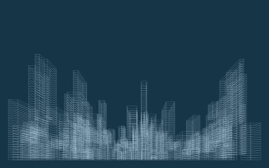 İnşaatın üç boyutlu kablo perspektifi. Şablon tasarımı için soyut kablo şeması şehir arka planı. Vektör.