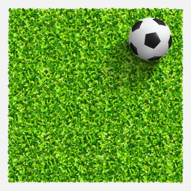 Yeşil çimlerin üzerinde futbol topu. Futbol topunun yeşil çimlerdeki yeşil arka plandaki yeşil çimen deseni ve deseni. Vektör.