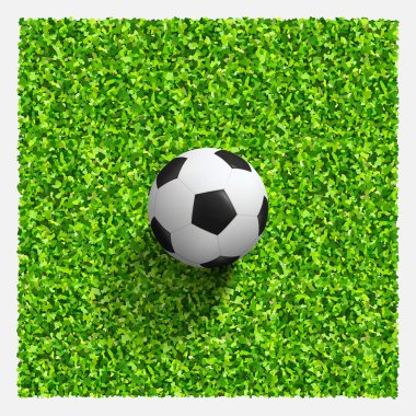 Yeşil çimlerin üzerinde futbol topu. Futbol topunun yeşil çimlerdeki yeşil arka plandaki yeşil çimen deseni ve deseni. Vektör.