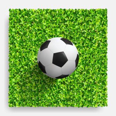 Yeşil çimlerin üzerinde futbol topu. Futbol topunun yeşil çimlerdeki yeşil arka plandaki yeşil çimen deseni ve deseni. Vektör.