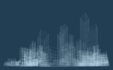 İnşaatın üç boyutlu kablo perspektifi. Şablon tasarımı için soyut kablo şeması şehir arka planı. Vektör.