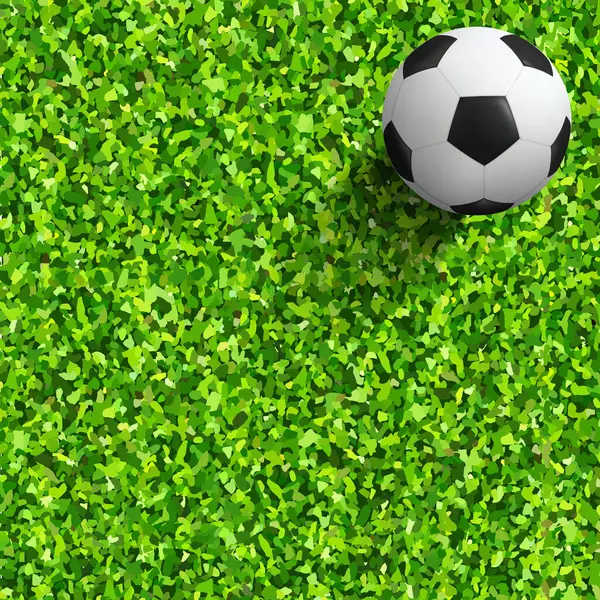 Yeşil çimlerin üzerinde futbol topu. Futbol topunun yeşil çimlerdeki yeşil arka plandaki yeşil çimen deseni ve deseni. Vektör.