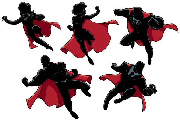Silhouetten Van Zakenmensen Met Rode Capes Superheldenhoudingen — Stockvector