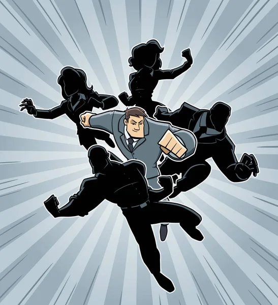 Концептуальная Иллюстрация Командой Супербизнесменов Сильным Мужчиной Лидером — стоковый вектор