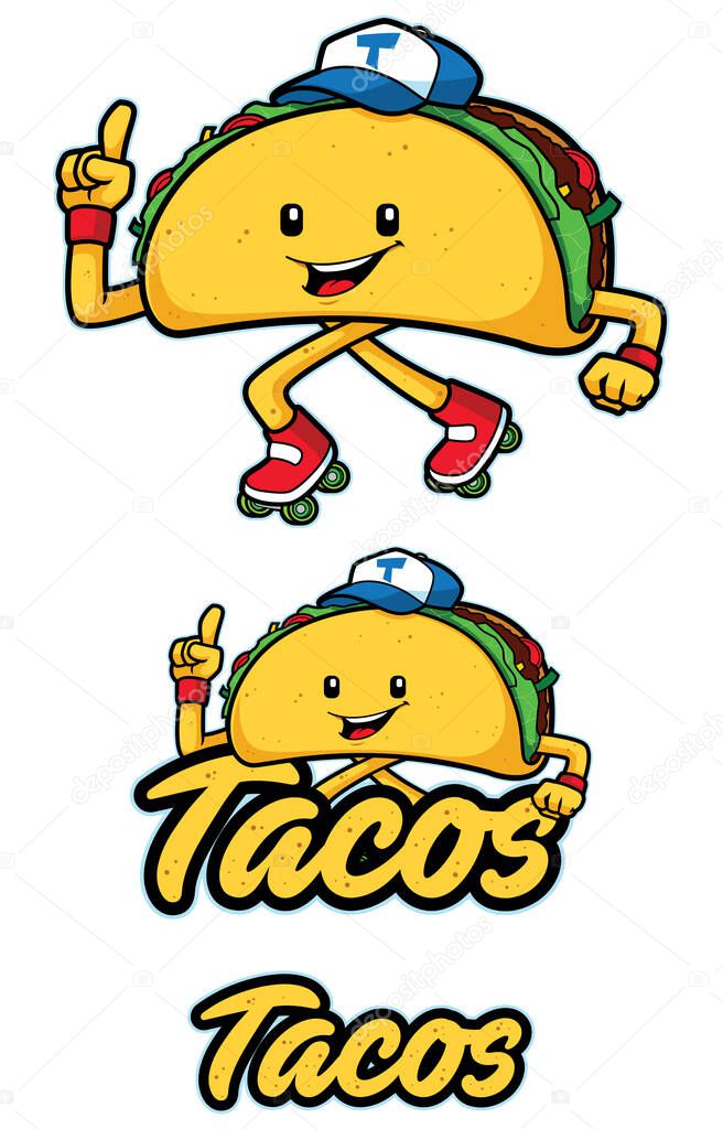 Mascot design with cute taco character on roller skates,