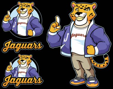 Team mascot with cool jaguar wearing sports jacket, pants and sneakers. clipart