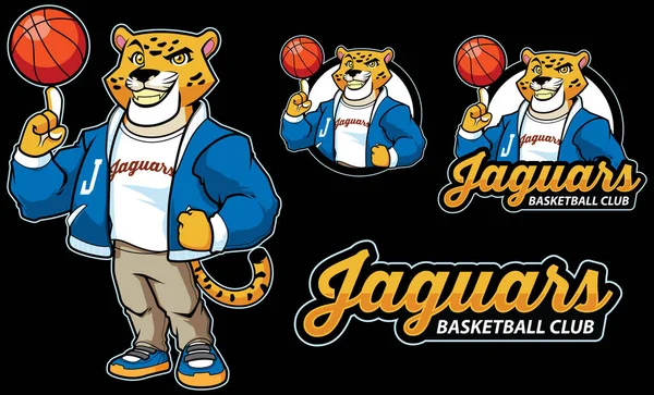 Mannschaftsmaskottchen Mit Coolem Jaguar Spielt Mit Basketball — Stockvektor