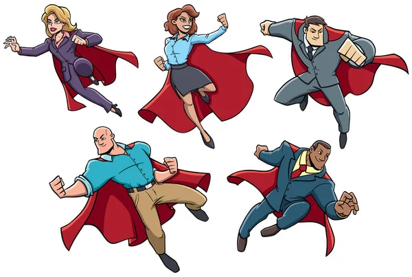 赤マントを着た5人組とスーパーヒーローポーズで — ストックベクタ