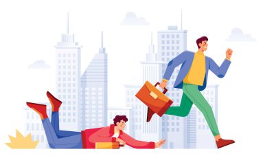 Conceptual flat design illustration for business competition, depicting two businessmen competing in marathon race.