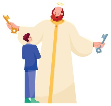 Flat design of Saint Peter meeting man at the gates of Heaven.