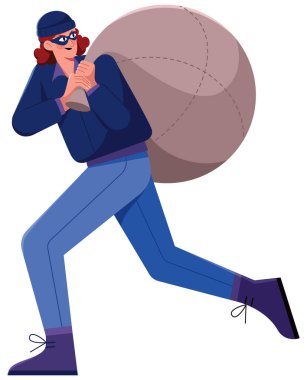 Masked burglar running away with the loot, on white background.