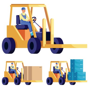 Flat design illustration of forklift truck operator at work and in 3 versions.