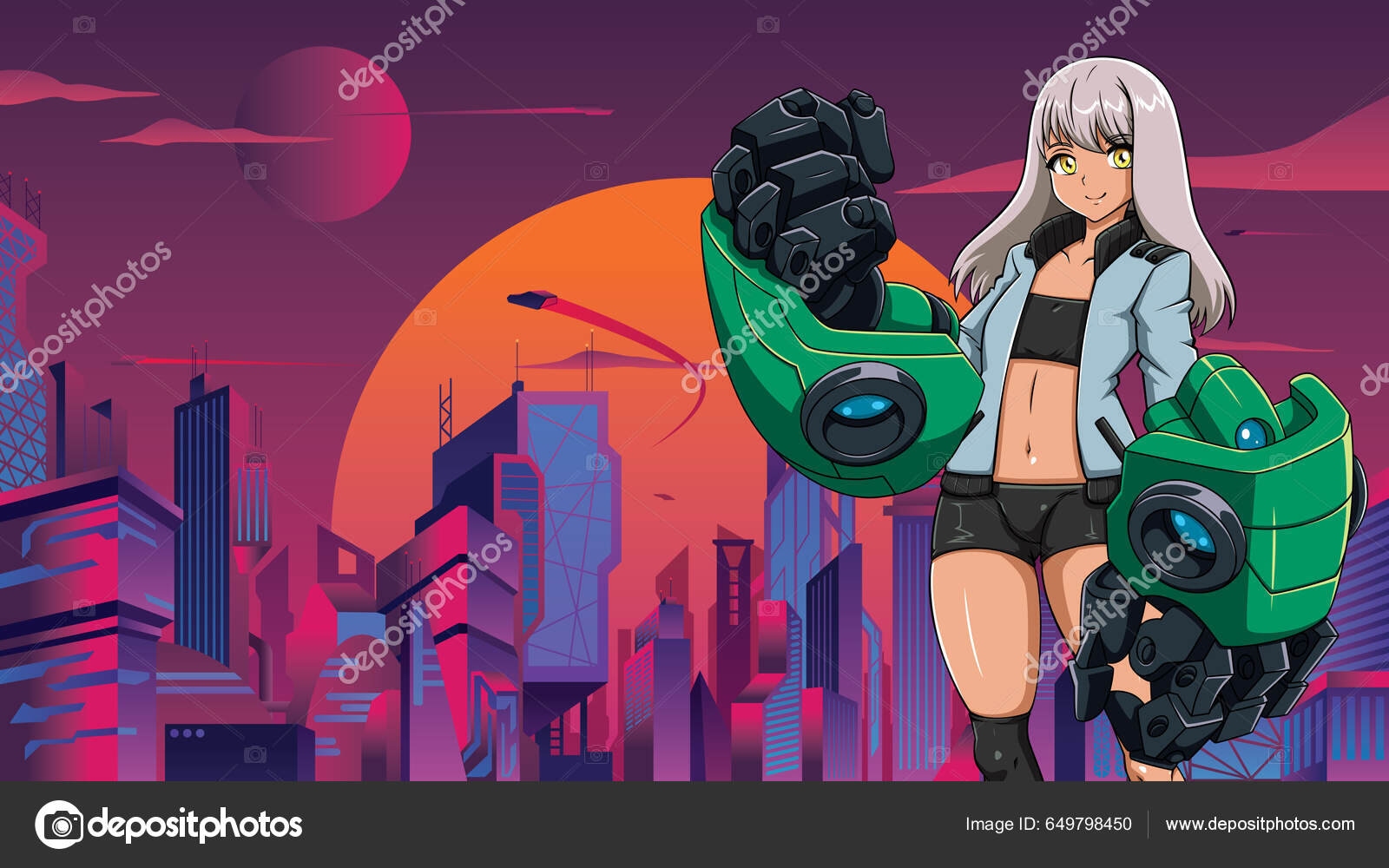 anime girl in cyberpunk city Stock Illustration