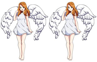 Anime tarzında ve beyaz arka planda güzel bir melek kız..