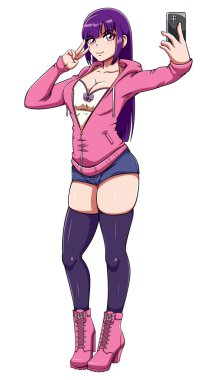 Anime tarzı resimde gülümseyen genç kız, akıllı telefondan selfie çekiyor, barış jesti gösteriyor..