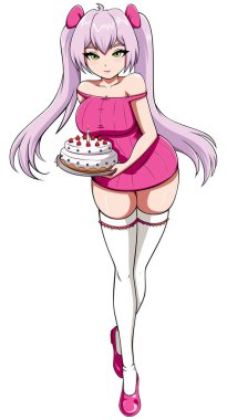 Anime style illustration with cute girl bringing birthday cake. clipart