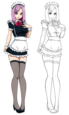 İş sırasında beyaz arka planda hizmetçi kostümü giyen güzel bir kadının anime tarzı çizimi.