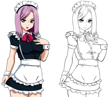 İş sırasında beyaz arka planda hizmetçi kostümü giyen güzel bir kadının anime tarzı çizimi.