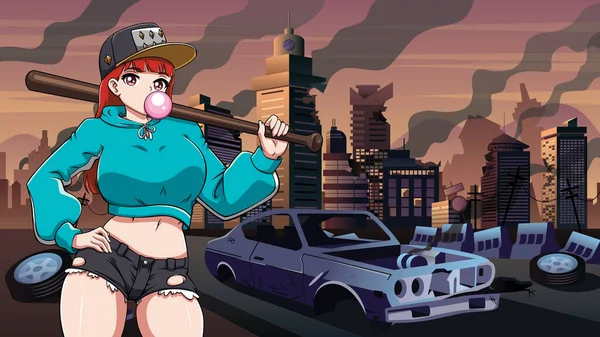 Anime Ilustração Estilo Menina Segurando Morcego Beisebol Rua Uma Cidade —  Vetores de Stock