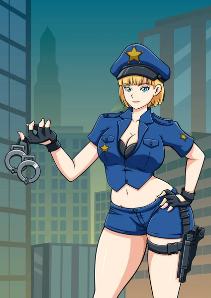 Sexy Anime Girl Uniforme Police Tenant Les Menottes Sur Une — Image vectorielle