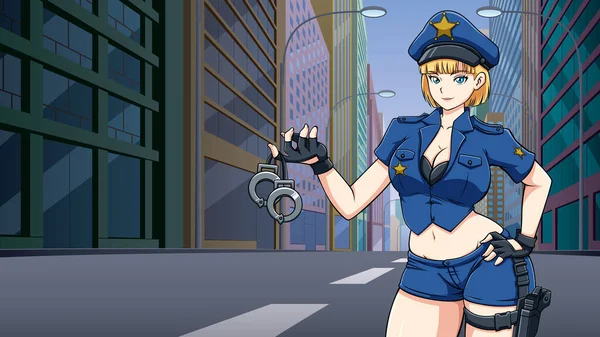 Sexy Chica Anime Uniforme Policía Sosteniendo Esposas Una Calle Ciudad — Vector de stock