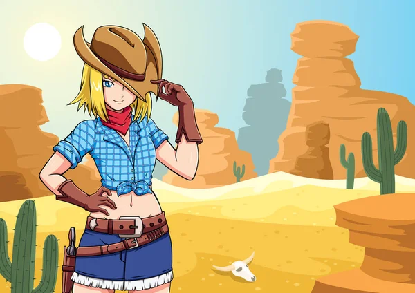 Anime Stílus Illusztráció Tizenéves Lány Cowboy Ruhában Amerikai Sivatagban — Stock Vector