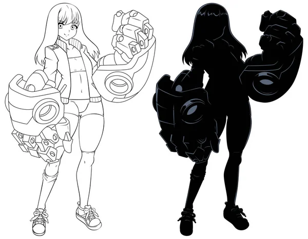 Anime Stílus Illusztráció Tizenéves Lány Robotkarokkal — Stock Vector