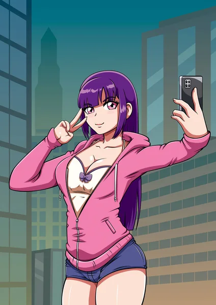 Anime Tarzı Resimde Gülümseyen Genç Kız Akıllı Telefondan Selfie Çekiyor — Stok Vektör