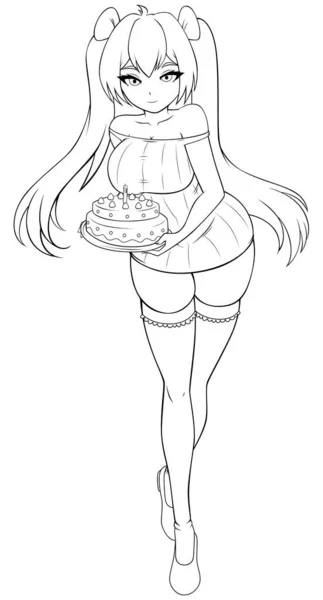Ilustracja Stylu Anime Cute Girl Przynosząc Tort Urodzinowy — Wektor stockowy