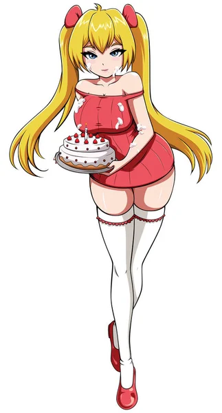 Ilustrasi Gaya Anime Dengan Gadis Cantik Membawa Kue Ulang Tahun - Stok Vektor