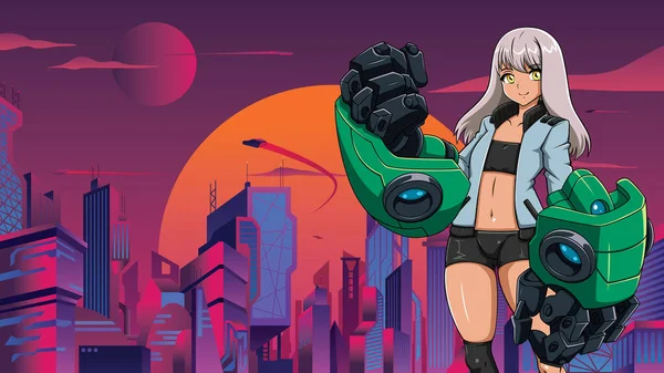 Ilustración Estilo Anime Adolescente Con Brazos Robóticos Ciudad Futurista — Vector de stock
